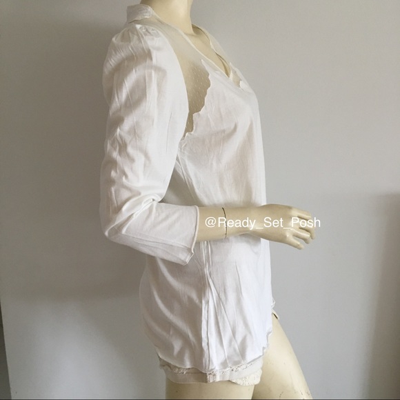 White 3/4 sleeve top v-neck shirt with mesh panel - Picture 3 of 7